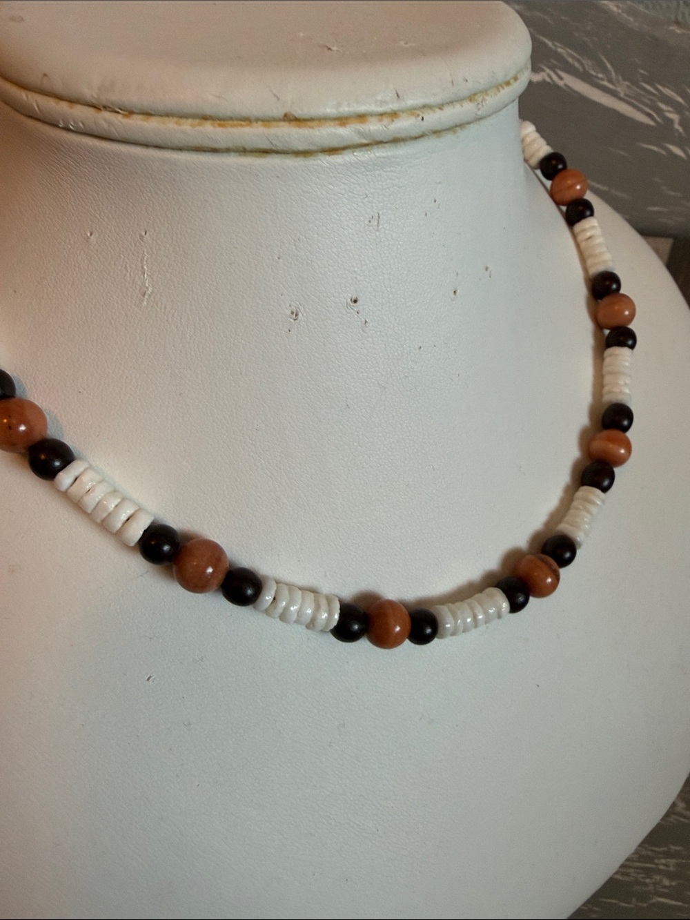 Handcrafted White, Brown & Black Beaded Necklace